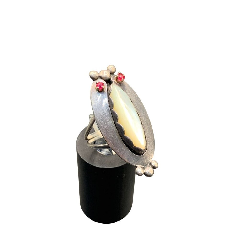 Sterling Silver MOP Native Ring Signed JN Size 5.75 Altered with 2 Added Rubies